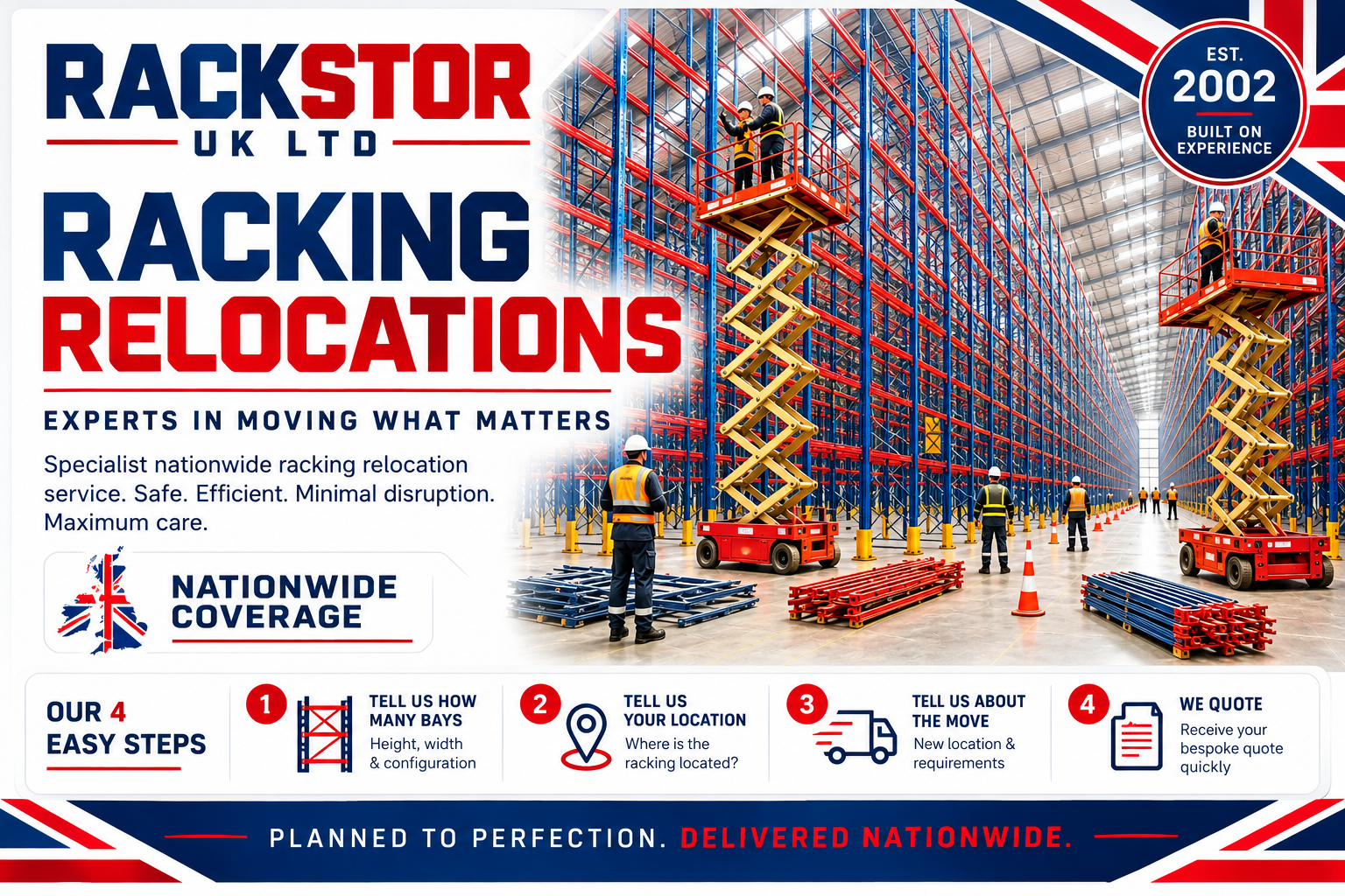 Rackstor UK Ltd nationwide racking relocations — installers on scissor lifts inside a high-bay warehouse